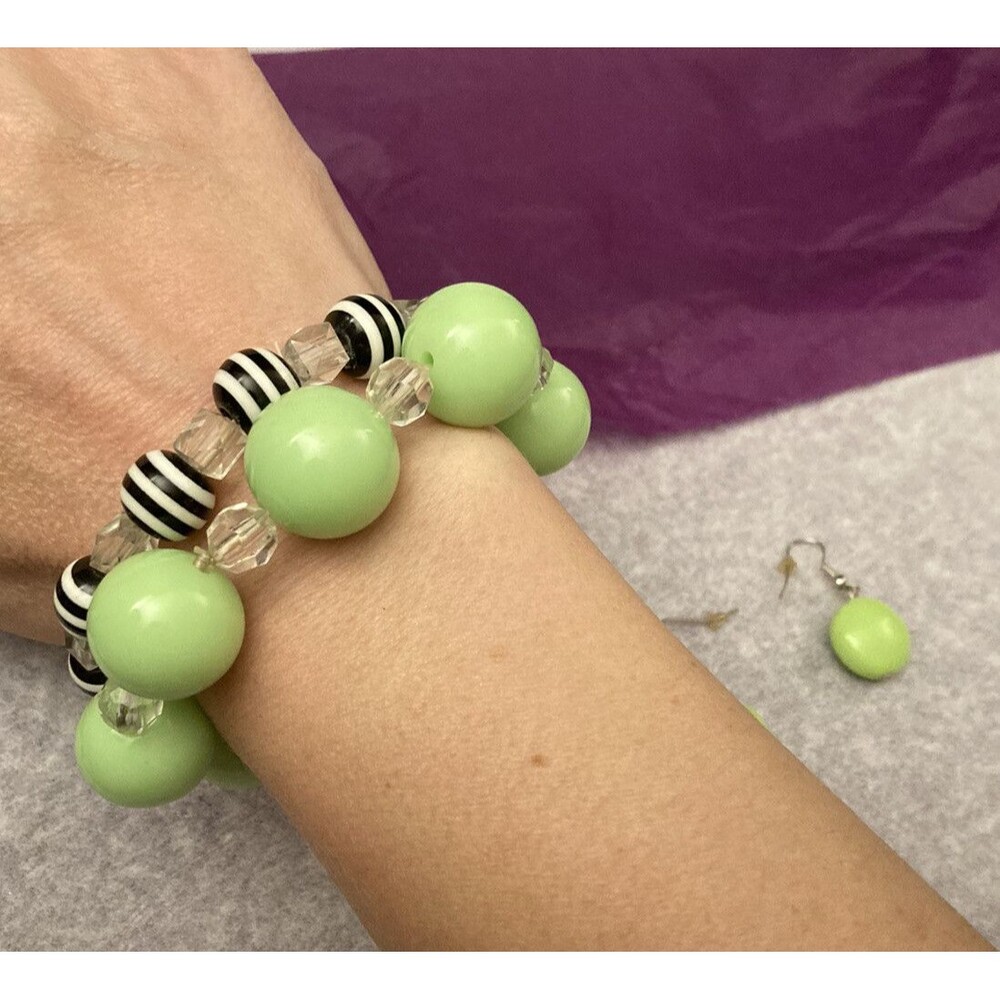 Vintage 80s Lime Green Jewelry Set Bracelet Earrings Neon WOMENS Gift JUNIORS